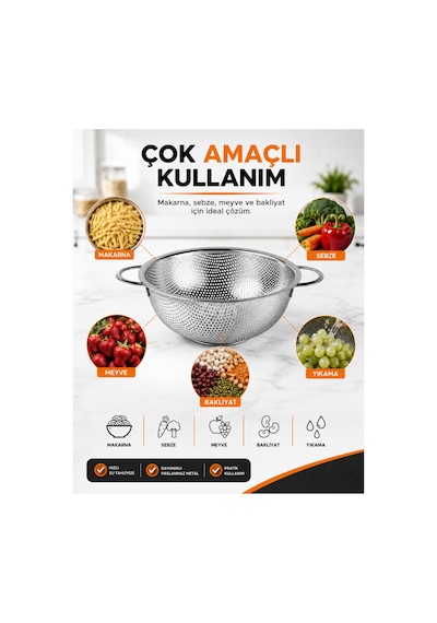 Paslanmaz Çelik Makarna Süzgeci 25 Cm Çift Kulplu Metal Sebze Meyve Yıkama Ve Süzme Kevgiri Gri