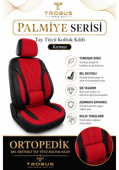 Mercedes Glc 2015 Sonrası Uyumlu Palmiye Serisi Kırmızı Siyah Bel Destekli Tay Tüyü Koltuk Kılıfı