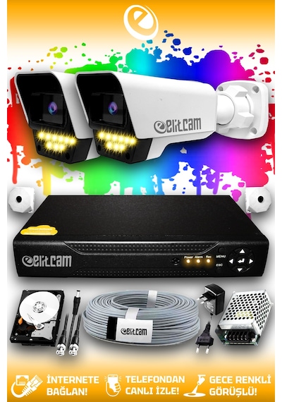 Elitcam 2 Kameralı Süper 2 Dış Kamera Set 2 TB 5 MP 2K Net Renkli Gece Görüşlü Güvenlik Kamerası Sistemi