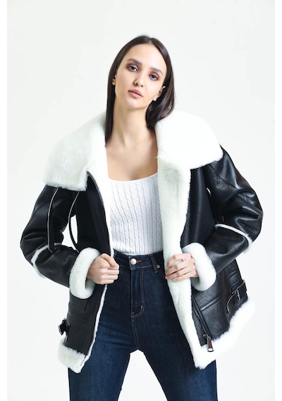M M Marki Marki Kadın Siyah Deri Mont, Beyaz Kürklü, Balıkçı Yaka, Oversize Model, Şık Ve Sıcak Tasarım - 105222 Siyahbeyaz