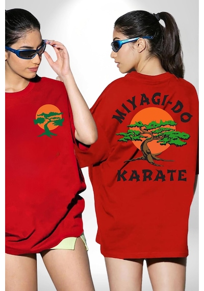 Miyagi-do Karete Çocuk Logo Dizi Bonzai Ağaç Kırmızı Oversize Unisex Ön Ve Sırt Baskılı Tişört Kırmızı