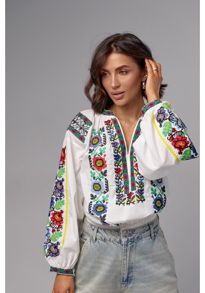 Femelle Kadın Kanaviçe Nakış İşlemeli Vintage Pamuklu Bluz Ekru