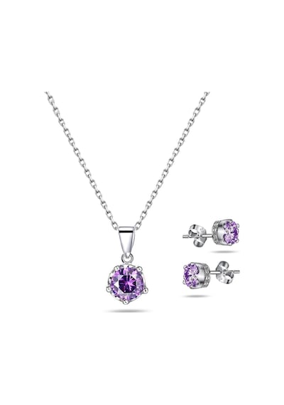 Brezza Lusso Jewelry Gümüş Ametist Taşlı Taç Model Kadın Kolye Küpe Seti Gümüş Set