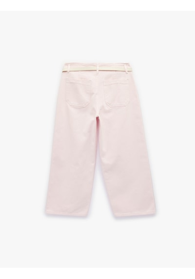 Koton Kemer Detaylı Pamuklu Kısa Geniş Paça Pantolon - Wide Leg Jeans Pembe 6sal40052mw Gül