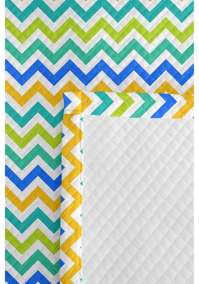 Mavi Zigzag Geometrik Genç Odası Tek Kişilik Pike Takımı - Renkli 160x220 Cm Kapitone Yatak Örtüsü Bohem Kil Kabuğu