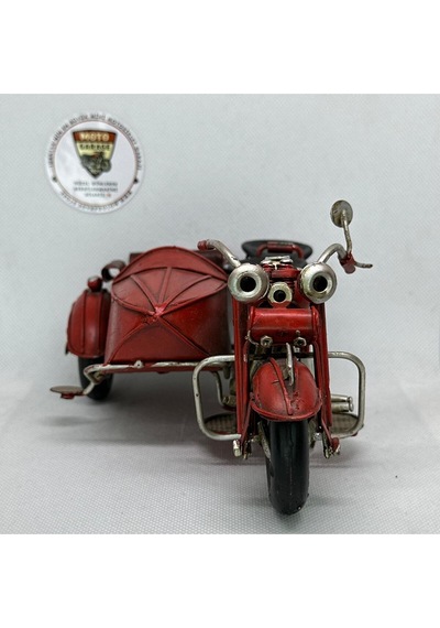 El Yapımı Dekoratif Yan Sepetli Kırmızı Motosiklet Model Metal Biblo & Vintage Maket 18 Cm