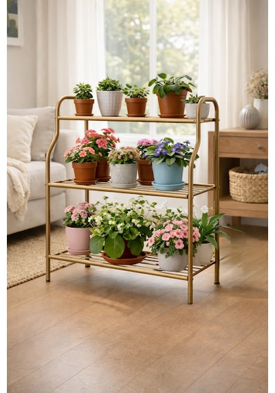 Modern Gold 3 Katlı Metal Mutfak Ve Dekoratif Saksılık Çiçeklik Dayanıklı Raflı Stand-organizer Gold