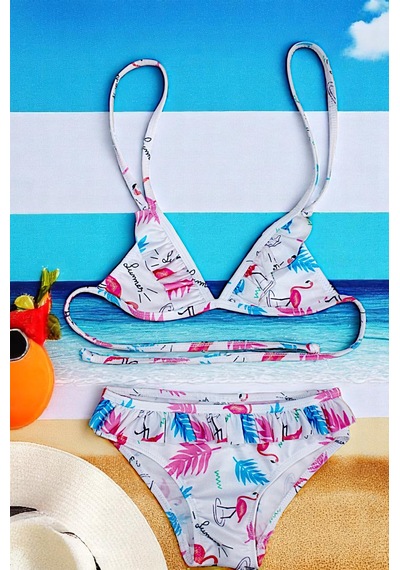 Lolliboomkids Kzı Çocuk Fırfır Detaylı Üçgen Bağlamalı Summer Flamingo Bikini Takımı Beyaz Flamingo Beyaz