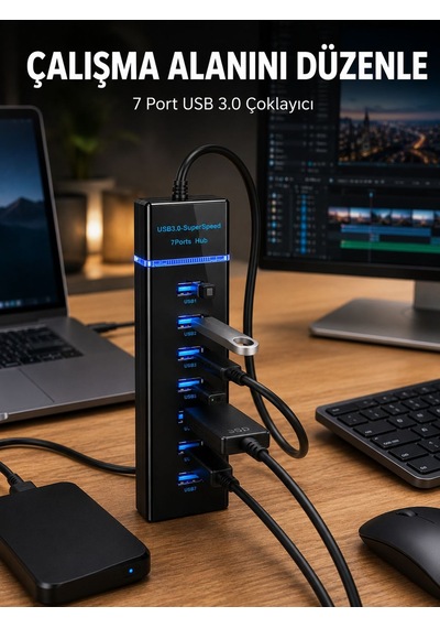 7 Girişli Usb 3.0 Hub 5gbps Led Göstergeli Usb Çoğaltıcı - Lisinya