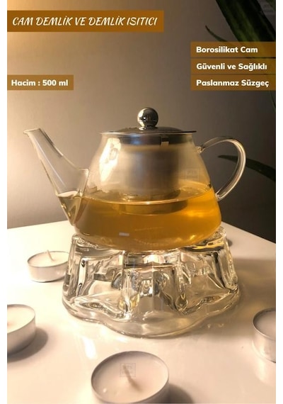 2 Li Set Cam Demlik Ve Cam Isıtıcı Süzgeçli Demlik 500 Ml Bitki Çayı Demliği Borasilikat V Şeffaf