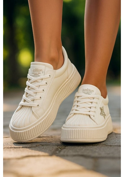Günlük Kadın Sneaker Bağcıklı Yıldız Detaylı Yüksek Taban Simli Rahat Ayakkabı 7100 Bej