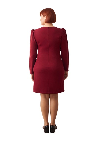 Ersefa Kadınlar İçin V Yaka Bodycon Kesim Balon Kol Uzun Dokuma Mini Elb Bordo