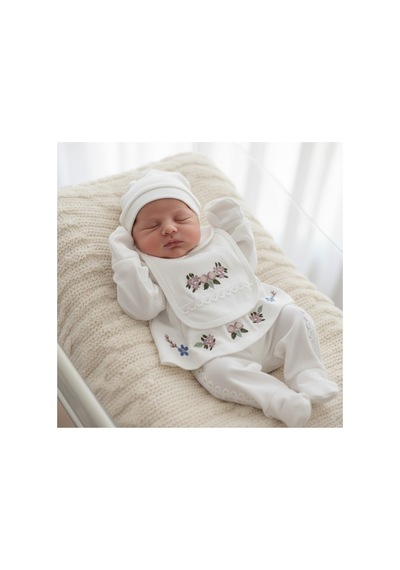 Babysena Kız Bebek Yenidoğan Hastane Çıkışı Çiçek Nakışlı 5 Li Set - Kız Bebek Yenidoğan Hediyesi Beyaz
