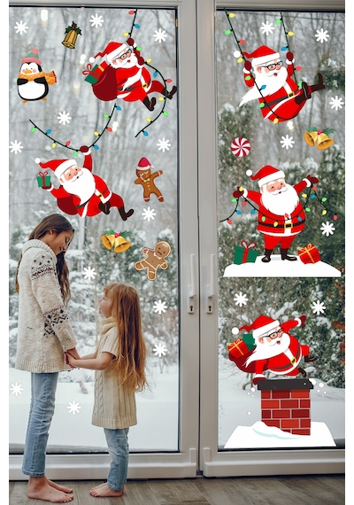 Yılbaşı Sticker  Sevimli Noel Baba ve Kar Taneleri Pencere Duvar Süsü