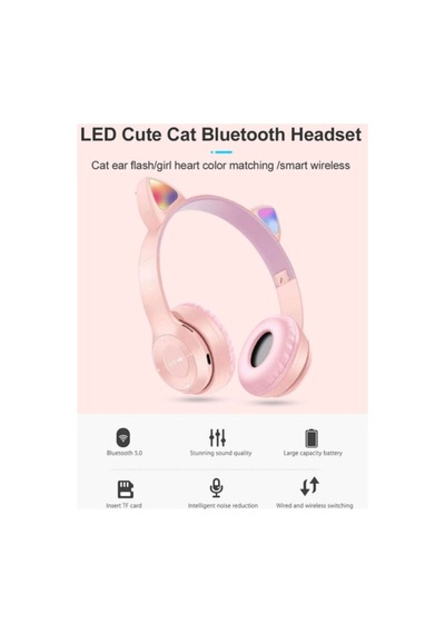 P47m Bluetooth Kedi Kulaklık Katlanabilir Sd Kart Girişli Mikrofonlu Kablosuz Led Işıklı Kulaklık