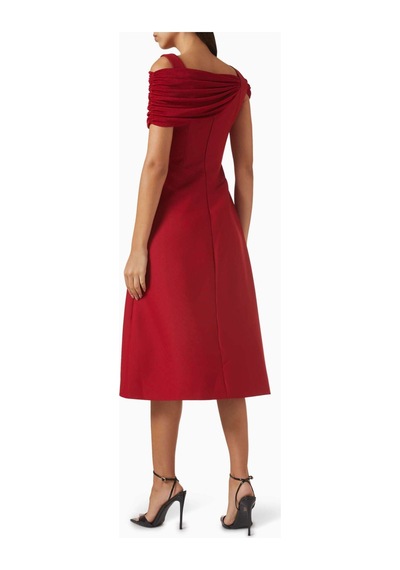 Eegen Studio Şık Off - Shoulder Midi Elbise Toplantılar Için Ideal, Fıtı Tabanlı Tasarım Kırmızı