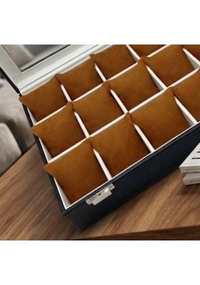 15 Li Bölmeli Suni Deri Kaplamalı Kadife Ystık Saat Kutu Çantası Organizer