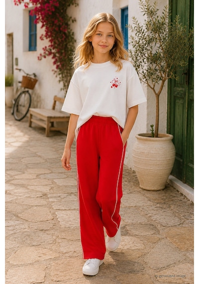 TOMMYLIFE Fiesta Biye Detaylı Basic Palazzo Kız Çocuk Eşofman Alt - 75195 Kırmızı