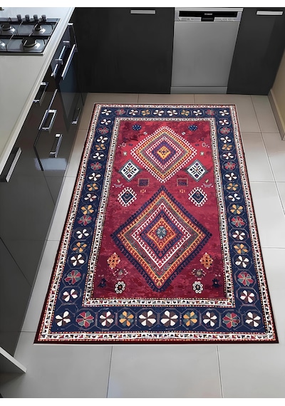Çerçeve Motif Detaylı Etnik Desen Renk Uyum Modern Halı Dekoratif Kilim Kırmızı