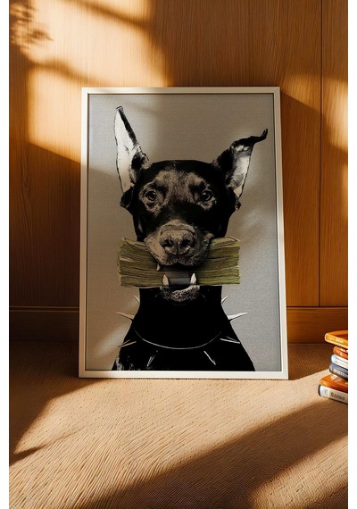 Dolar Tutan Doberman Köpek Çerçeveli Tablo Finans Para Temalı Ofis Dekoru Modifiye Sanat