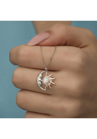 Gümüş Opal Beyaz Taşlı Ay Güneş Kadın Kolye Altın