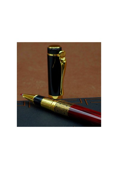 5 Adet Desenli Metal Roller Kalem Kutulu İmza Kalemi Kahverengi Kutu, Gold Desenli Metal Pen, Vip Hediyelik 1