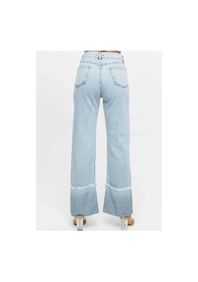 Kene Jeans Yüksek Bel Taş Yıkama Ters Paça Püskül Detaylı Kot Jeans Taş Yıkama