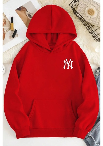 Herkesemoda Ön Ve Arka Baskılıı Kapüşonlu Sweatshirt Kırmızı