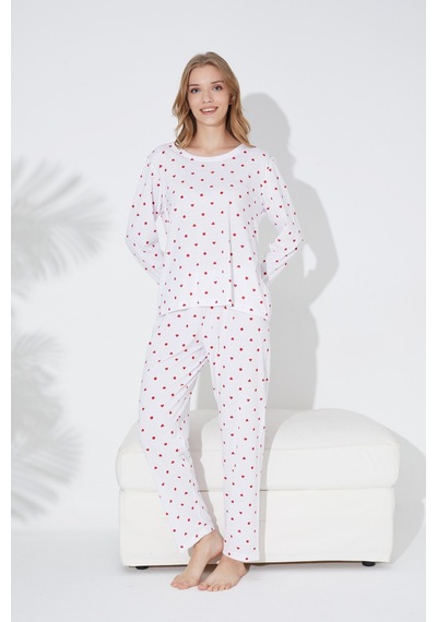 Siyah İnci Puan Desenli Örme Pijama Takım 7792 Beyaz Kırmızı