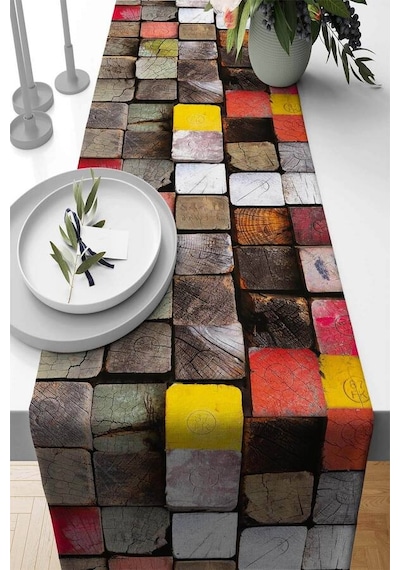 Çok Renkli Modern Desenli Premium Masa Örtüsü Runner Rnr076n11