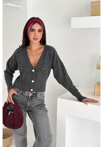 Noa & Noa Kadın Çiçek Nakışlı Düğmeli Premium Hırka Romantik & Zarif Stil Antrasit