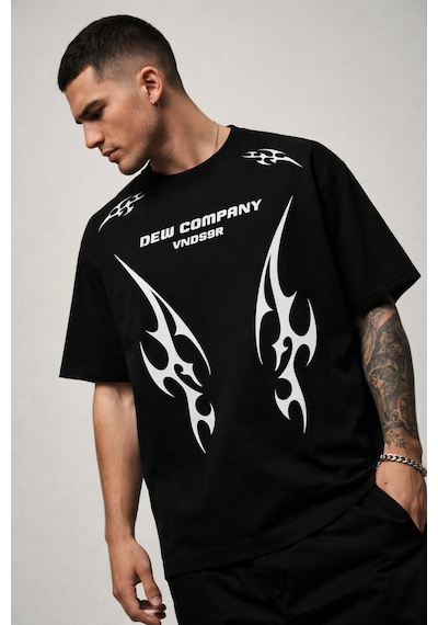 Yolo Street Oversize Erkek Tişört %100 Pamuk Tribal Baskı Streetwear Siyah/beyaz Siyah2