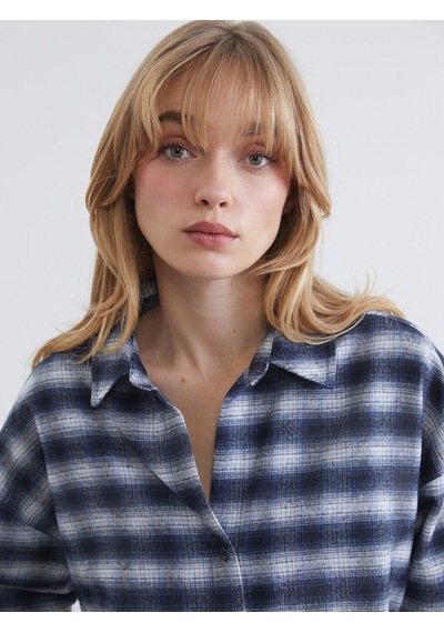 Lcw Vision Lacivert Ekose Oversize Kadın Oduncu Gömlek