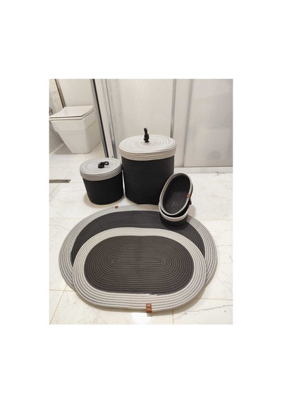 Jüt Hasır 6 Lı Banyo Paspas Takımı Bohem Tarzı Paspas:50x80/ 40x60 /çamaşır Sepet 40x36 ,25x27 Siyah Gri Siyah Gri