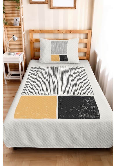 Geometrik Çizgili Sarı Genç Odası Tek Kişilik Pike Takımı - Siyah 160x220 Cm Kapitone Yatak Örtüsü Keten Köy Anısı