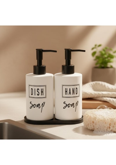 Beyaz Siyah Yazılı Cam Sıvı Sabunluk İkili Standlı Hand&dish Yazılı Beyaz