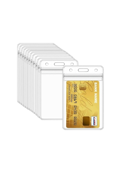 Aputue Kart Koruyucu Card Protector, 50 Adet Dikey Şeffaf Pvc Kimlik Tutucu, Su Geçirmez Kilitli Fermuarlı Yaka Kart