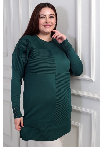 By Saygı Kadın Kolları Düğme Detaylı Büyük Beden Tunik Bluz Zümrüt