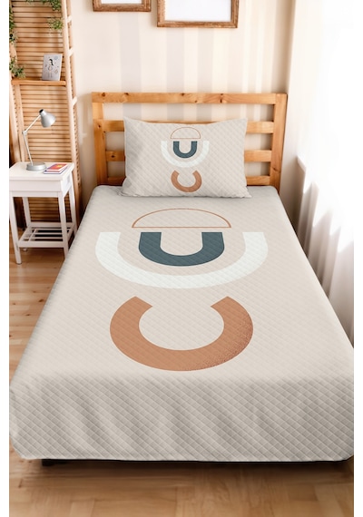 Geometrik Bej Boho Genç Odası Tek Kişilik Pike Takımı - Terracotta Antrasit 160x220 Cm Yatak Örtüsü Pembe