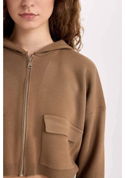 DeFacto Regular Fit Kapüşonlu Basic Düz Fermuarlı Triko Hırka E2270AXNSBN551 Kahve