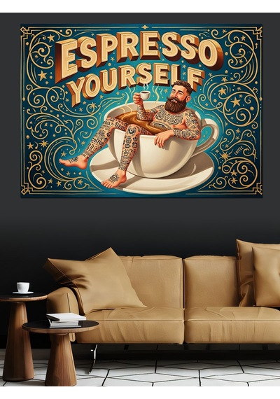 "espresso Your Self" Dövmeli Adam Vintage Kahve Afişi Dekoratif Kanvas - Mdf Ahşap Tablo