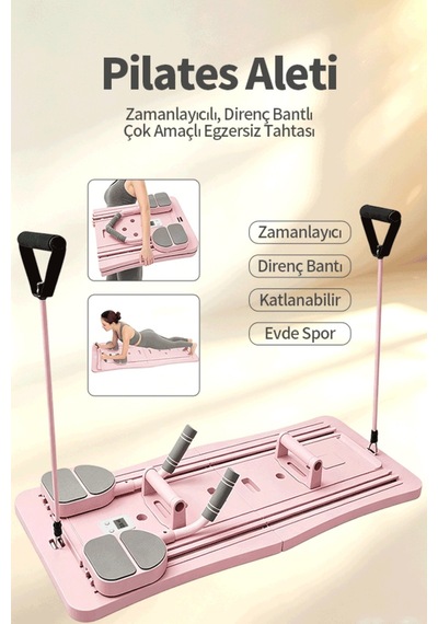 5'ı 1 Arada Pilates Şınavı, Karın Kası Tekerleği, Fitness Tahtası Pembe