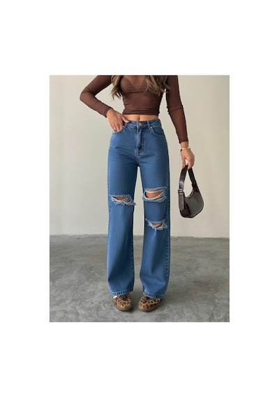 Blue Marlın Çift Diz Lazer Yırtık Boyfriend Bol Paça Jeans Mavi
