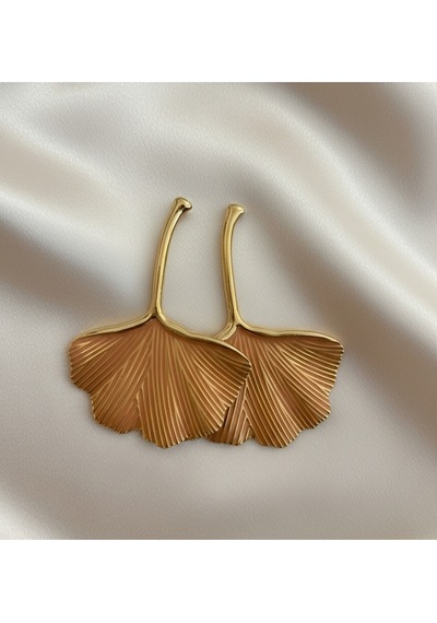 Şehrazat Handmade Gold Çelik Yaprak Gingko Küpe Gümüş