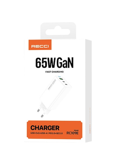 Recci Rc109e Type-c Pd & Usb-a Gan Teknolojili Hızlı Ev Şarj Başlığı 65w Beyaz