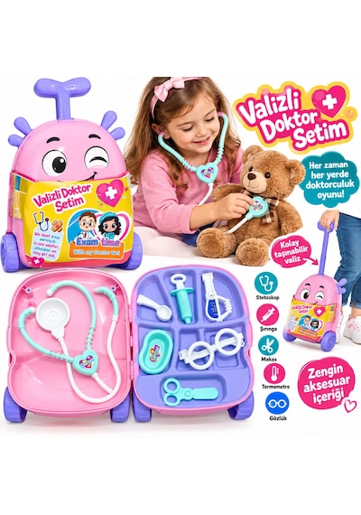 Oyuncak Çekçek Valizli Aksesuarlı Makyaj Doktor Tamir Set Taşınabilir Tekerlekli Renkli Çantalı Bavul Güzellik Eğitici Meslek Seti 50x25 Cm Çok Renkli