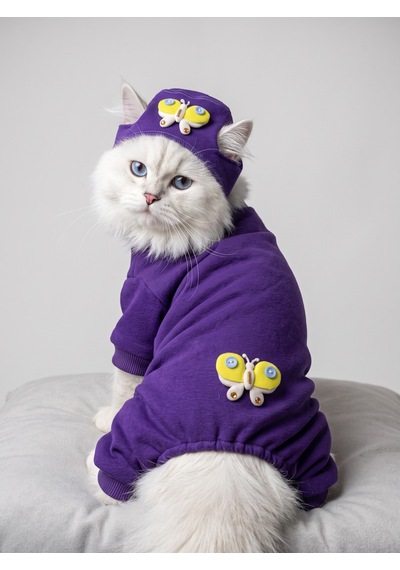 Violet Wings Kedi Bere Ve Tulum Kombini Mor Renk 3d Kelebek Aksesuarlı Penye Kedi Kıyafeti 2 Parça