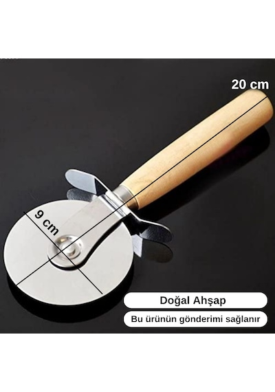 Ahşap Saplı Paslanmaz Çelik Pizza Kesici Yuvarlak Bıçaklı Dilimleme Aparatı 20 Cm