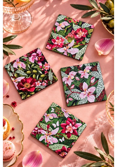 Pembe Orkide, Tropikal Çiçekler Ve Zeytin Dalı Desenli Botanik Floral Temalı 4 Lü Kare Bardak Altlığı Set 9 Cm, 3 Mm Ahşap Mdf, Dijital Baskı - 934211712 Diğer Pembe Orkide, Tropikal Çiçekler Ve Zeytin Dalı Desenli Botanik Floral Temalı 4 Lü Kare Bardak Altlığı Set 9 Cm, 3 Mm Ahşap Mdf, Dijital Baskı - 934211712 Diğer