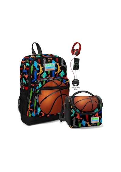 Coral High Basketbol Usb Soketli Okul Çantası ve Beslenme Çantası Seti Siyah - Turuncu